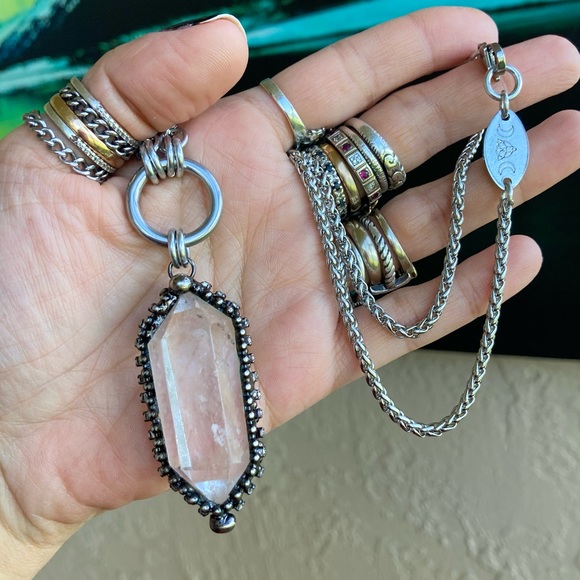 Natural Crystal quartz black electroplated boho goth stainless steel necklace - Picture 13 of 15